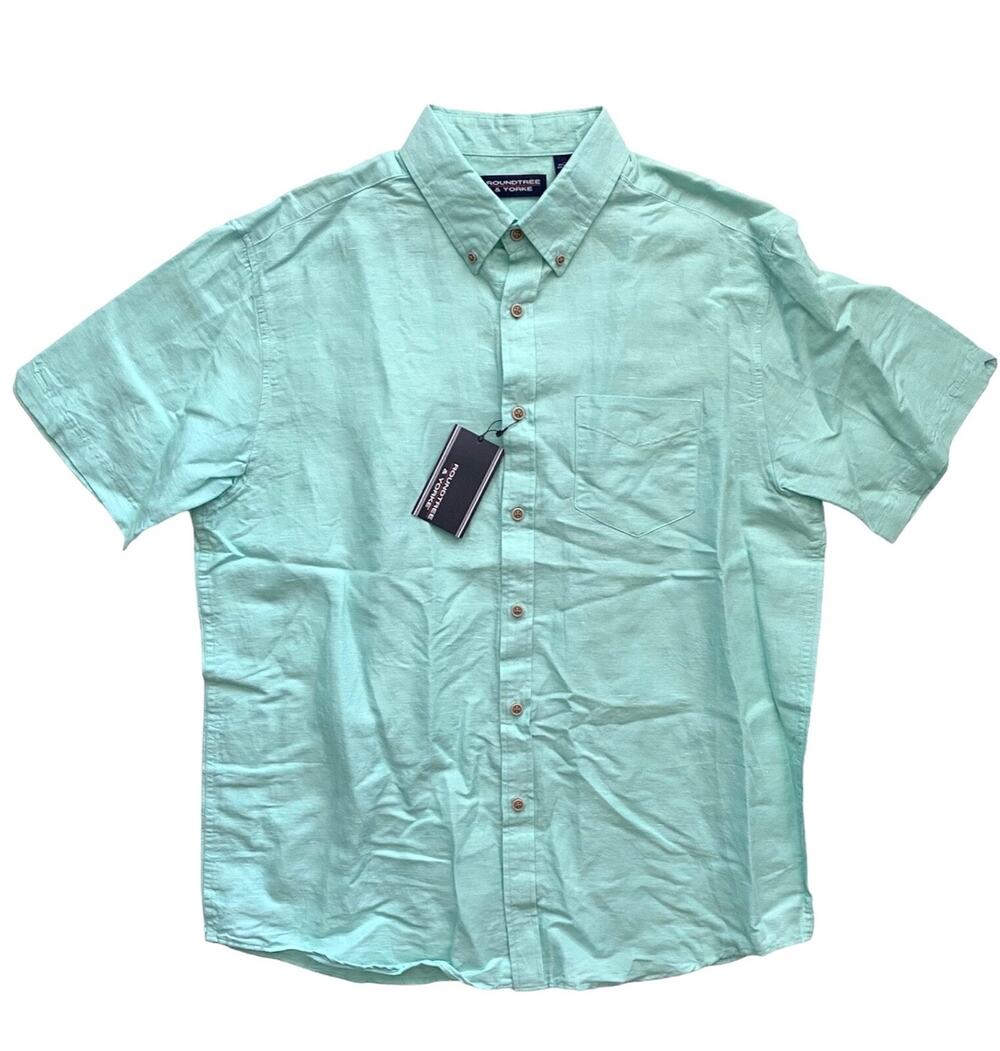 Roundtree & Yorke Shirt Green Button Front Short Sleeve Linen & Cotton Shirt XL
